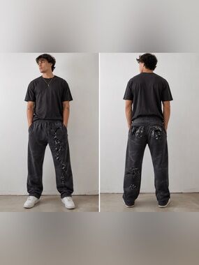 VITRIOL Charcoal Black Relaxed SWEATS with Shiny Distressed Accents
